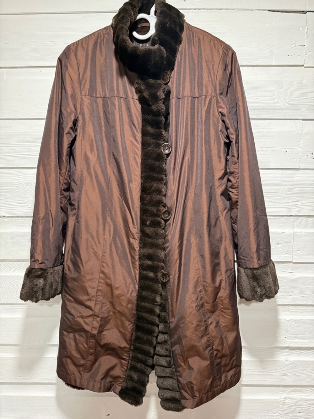 Vintage giacca iridescent Brown Faux Fur-Trim Coat